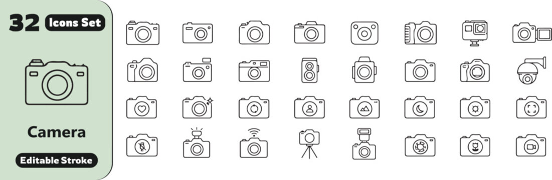 32 Camera Vector Outline Icons Set &ndash; Photography, Video, Lens, DSLR, Digital Camera, Flash and Photo Equipment Line Symbols Collection