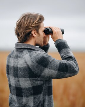 Adult man observing distant landscape with binoculars in an outdoor field. Male person birdwatching or exploring nature under a cloudy sky