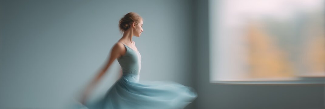 Young woman, dancer, spinning in studio, dress flows with motion blur, abstract and energetic form. Artistic composition, side profile