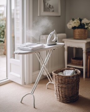 White steam iron on ironing board with folded laundry next to wicker basket in bright home interior