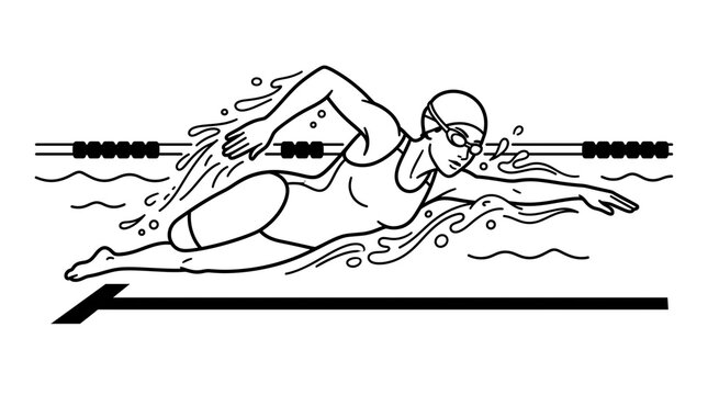 Minimalist line art swimmer, professional female athlete swimming freestyle in pool, black and white sports illustration for competition