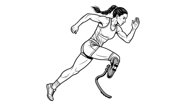 Paralympic female runner with prosthetic leg, athletic woman sprinting in line art style, disabled athlete illustration