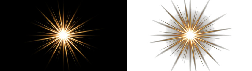 Fototapeta premium Golden starburst light effect with rays and lens flare, glowing sun burst element for design, bright sparkle explosion isolated on black and transparent background