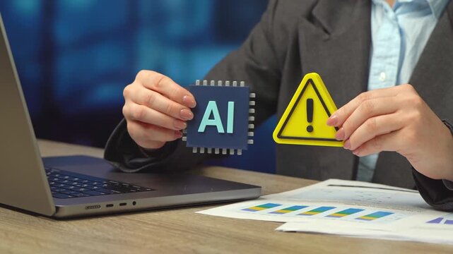 AI microchip and warning symbol in the hands of a business woman. Shortage of AI power and components in the electronics market. The ubiquitous implementation of AI is harmful to the market