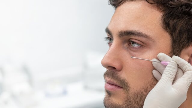 Young man receiving precision facial cosmetic injection treatment to improve skin health