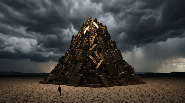 Lone man standing before a massive pyramid of gold bars in a barren cracked desert under a dark stormy sky representing financial crisis and economic instability