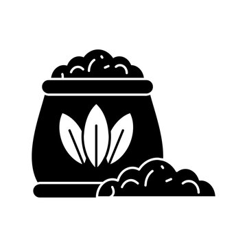 Grain sack on soil icon, harvested agricultural crop and fertilizer bag vector