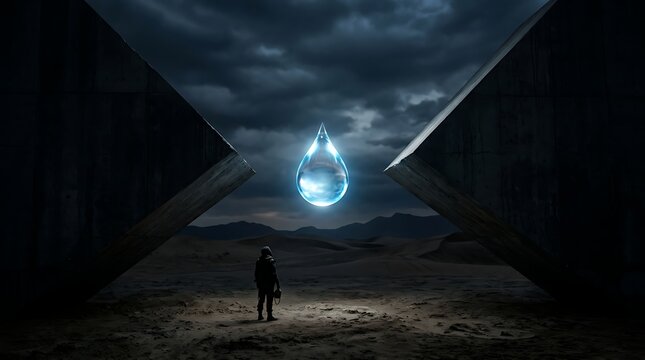 Giant glowing water drop floating between two massive dark monoliths in a barren desert landscape representing the importance of water as a precious life resource