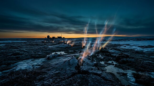 Ethereal glowing light streaks rising from frozen ground in vast arctic landscape under twilight sky with distant scientific research station observatory at horizon