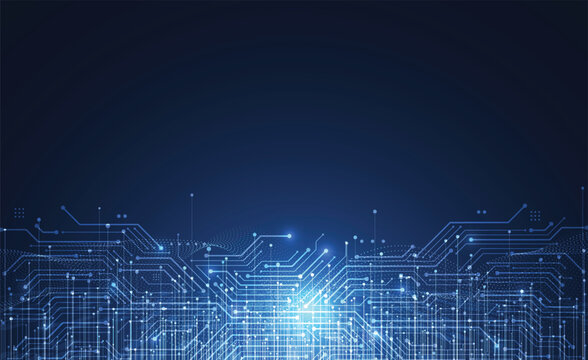Abstract digital network concept. Futuristic blue technology background with circuit board pattern and glowing data particles.