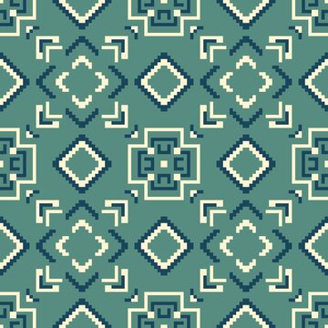 Seamless Geometric Pixel Art Pattern in Teal, Navy and Cream