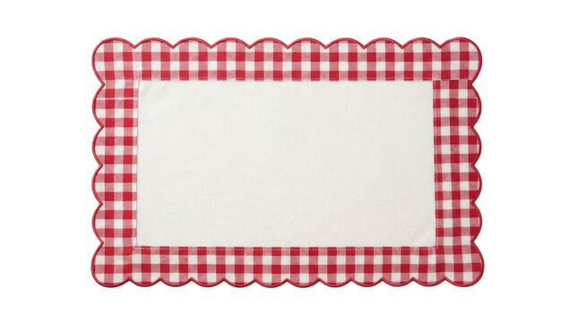 Red and white gingham checkered fabric placemat with scalloped border on white background
