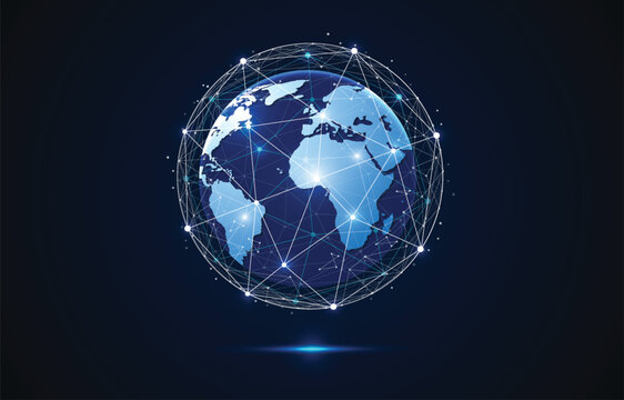 Global network connection background. Abstract futuristic digital earth globe with plexus lines and data dots vector illustration.