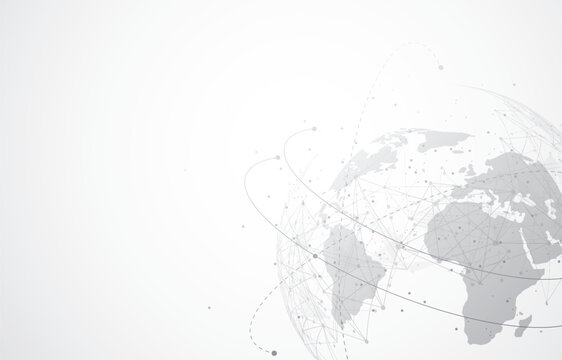 Futuristic big data visualization with worldmap. Global network connection on clean white background. Network nodes and geometric structure