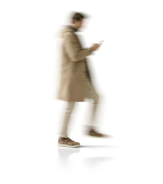 Motion blur walking man silhouette looking at phone isolated on transparent background for mockup scene