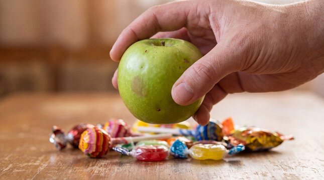 A hand reaches for a green apple above a colorful assortment of candies on a wooden table. The scene contrasts healthy and sugary choices.