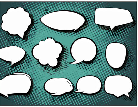 Retro empty comic speech bubbles set with black halftone shadows.