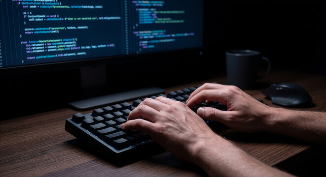 暗い部屋でキーボードをタイピングするエンジニアの手元と画面に表示されたプログラミングコード システム開発やサイバーセキュリティのイメージ