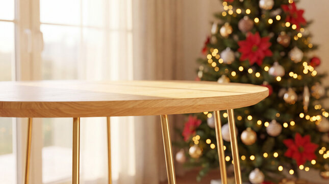 A wooden round table in a cozy room with a decorated Christmas tree in the background. The tree is adorned with ornaments and lights, creating a festive atmosphere.