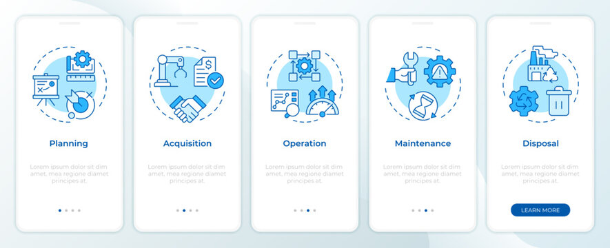 Total asset duration onboarding mobile app screen. Continuous process improvement pipeline. Waste mitigation. UI UX walkthrough 5 steps editable graphic instructions with linear concepts