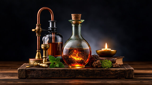 Vintage Glass Vessels on Wooden Laboratory Bench