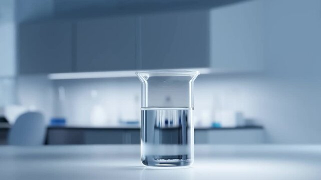 Clear glass beaker filled with liquid standing on a laboratory table.