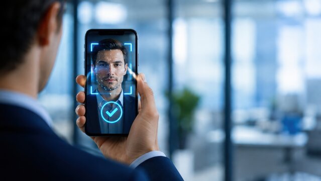 Man using biometric facial recognition software on smartphone for secure mobile account access.