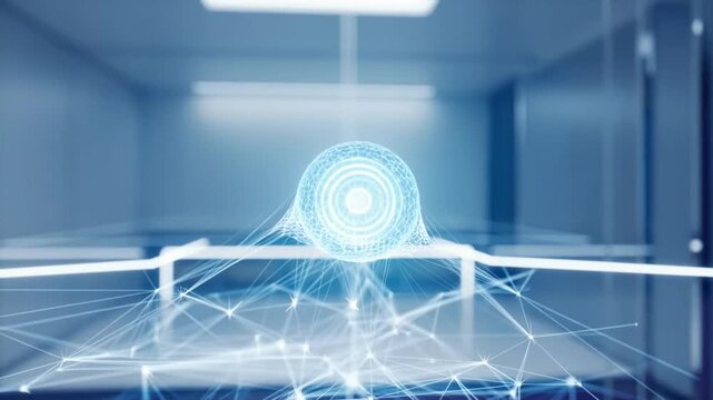 Futuristic abstract technology concept with glowing digital connections and a central sphere representing innovation