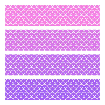 Marine pattern set with gradient. Collection of fish scale seamless background. Pink purple and violet reptile skin texture. Mermaid backdrop. Vector illustration. Sea wrapping paper.