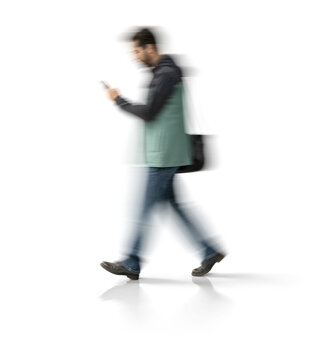 Motion blur walking man silhouette using smartphone isolated on transparent background for mockup scene