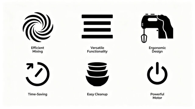 The black vector function icon of the egg beater represents the concept of strong power and easy cleaning, suitable for kitchen appliance details and product introduction display boards.
