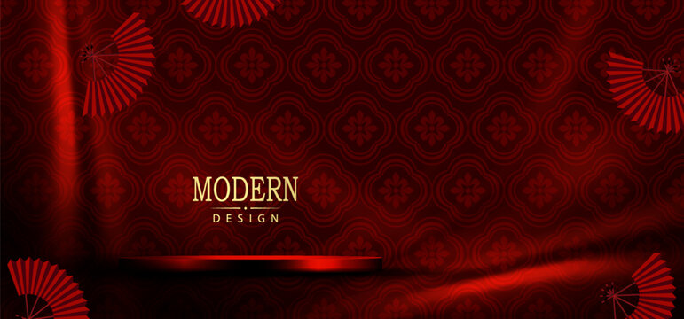 Stunning burgundy design with Chinese floral pattern and round podium