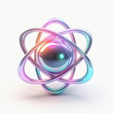 Atom icon iridescent sphere white background technology.