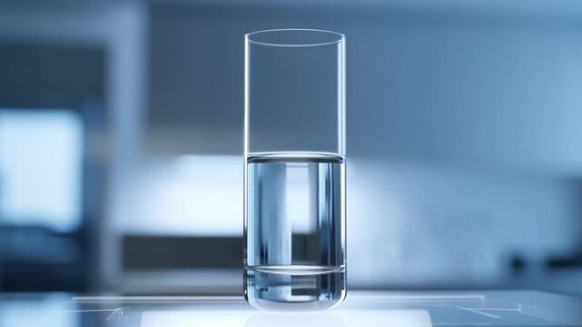 Glass of water half full representing optimism perspective and clarity in a clean blue minimalist setting