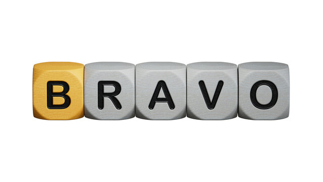 The word bravo appearing wooden cubes. Education concept.close up of wooden elements,Business Concept.Supports PNG files with transparent backgrounds.
