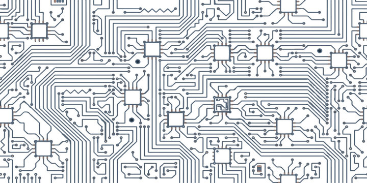 Seamless Motherboard Circuit Board Pattern with Microprocessors and Dense Parallel Traces Vector
