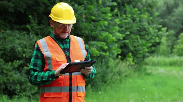 Male forestry engineer in a yellow hardhat, safety glasses, and reflective orange vest holding a digital tablet and looking up at trees in a green woodland area. Environmental inspector or arborist.	