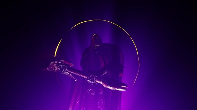 Dark Violet Fantasy Motion Background of Warlock Silhouetted by Purple Portal