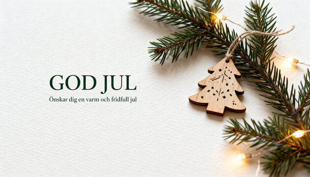 Minimal Scandinavian Christmas greeting card with warm off-white paper texture, natural pine branches, wooden ornaments and soft lights arranged on the right, with refined Nordic typography.