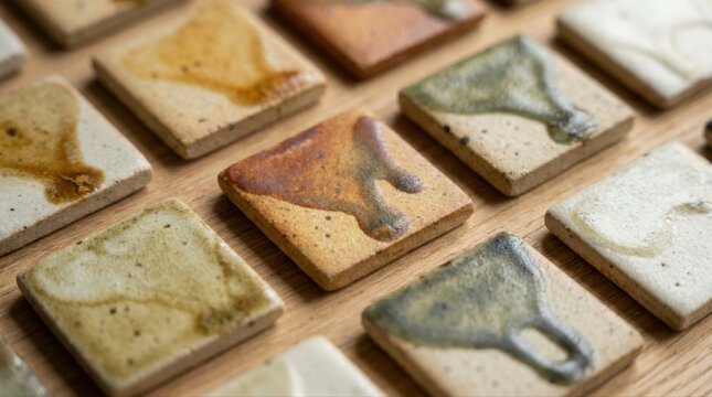 Ceramic glaze samples displaying unique textures and earth tones. Artisan testing different finishes for pottery and tiles