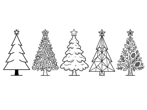 Set of five decorative Christmas tree line art icons on white