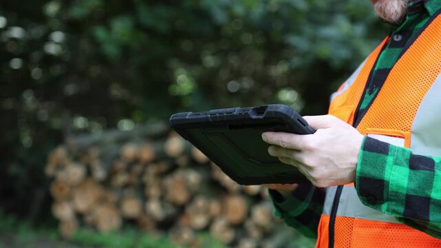 Close-up forester hands holding digital tablet is used to log and track data about the firewood stack, wood logs. Innovative technology in wood processing industry and data driven forest management.	