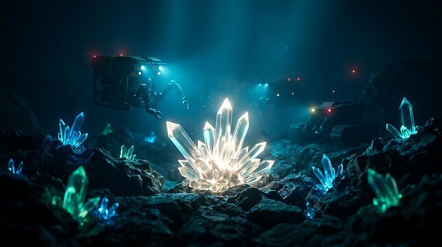 Autonomous mining robots exploring dark underground cave with large glowing crystalline formations and blue mineral veins 3D render