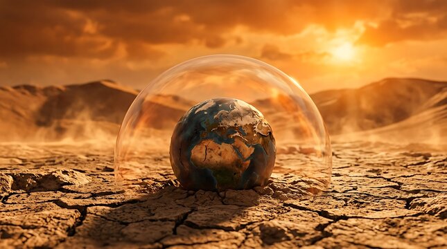 Conceptual 3D rendering of planet Earth protected by a transparent glass dome against a backdrop of a cracked and arid drought landscape under a harsh golden sunset sky