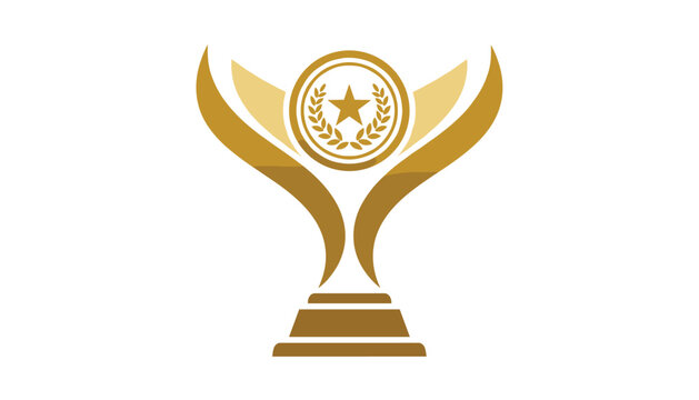 Golden trophy cup championship award with elegant wings and laurel wreath emblem on a plain white background.