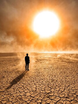 Silhouette of a man standing alone in a vast dried out cracked desert landscape under a massive glowing sun representing extreme heat and climate change