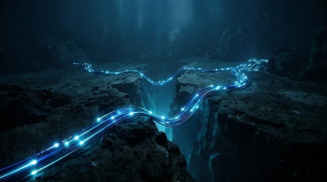 Fiber optic cables glowing with data transmission light lines deep under the ocean floor between dark rocky cliffs representing global digital connectivity