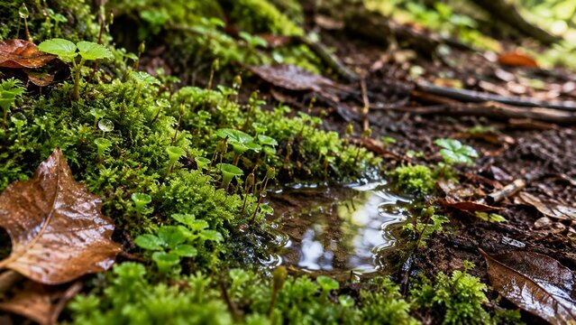 Mossy Forest Floor with Fresh Water and Green Plants