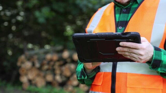Close-up forester hands holding digital tablet is used to log and track data about the firewood stack, wood logs. Innovative technology in wood processing industry and data driven forest management.	