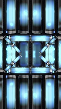A glowing vortex of liquid neon tubes, pulsating and spiralling in a chaotic, rhythmic dance with energy and movement, suitable for high tempo music events or energetic visualizers.
